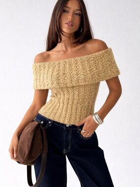 Anthropologie Fold-Over Off-Shoulder Ribbed Crop Top in Tan